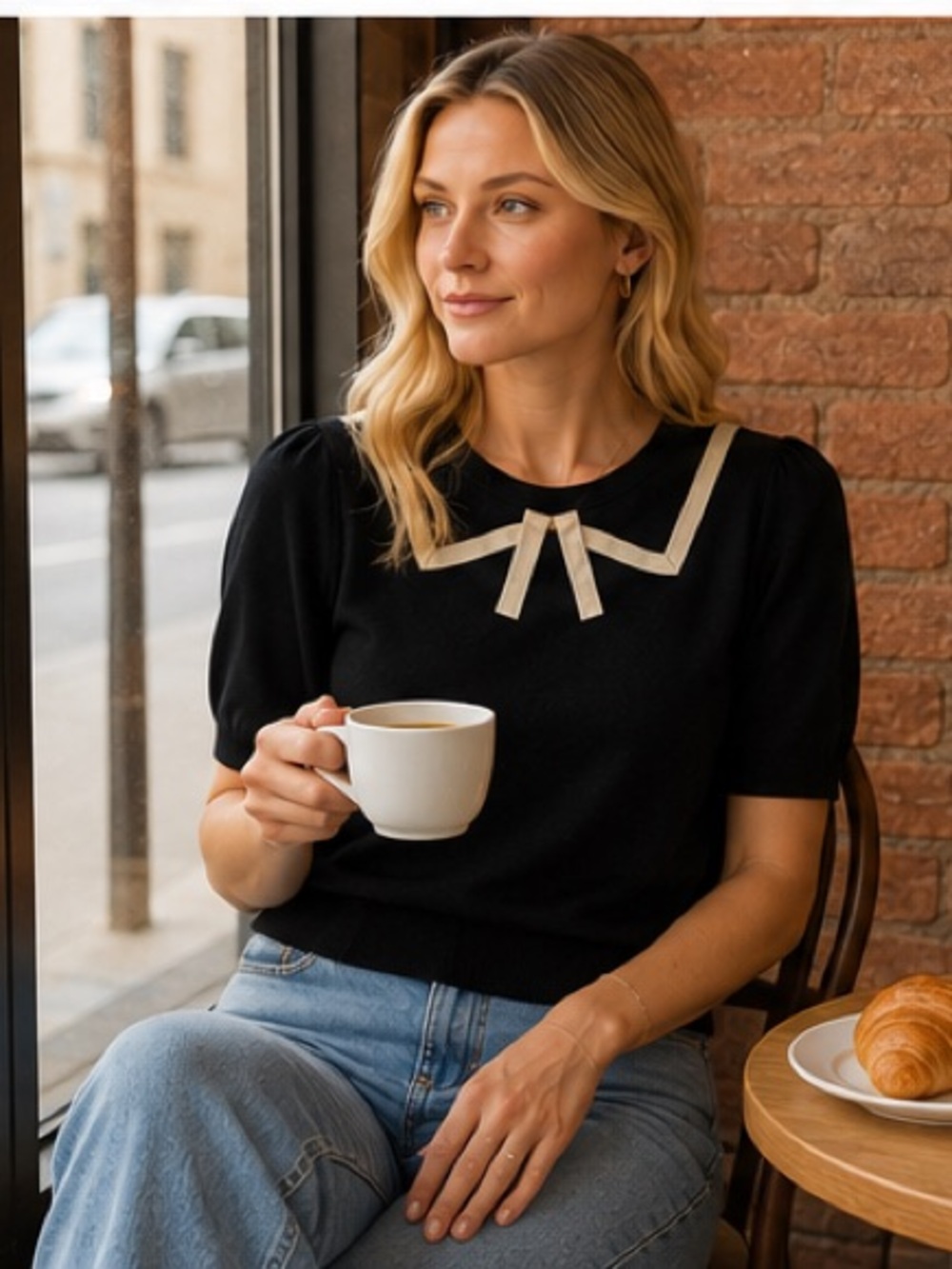 Black Short-Sleeve Crew Sweater with Cream Contrast Bow - Picture 6 of 8